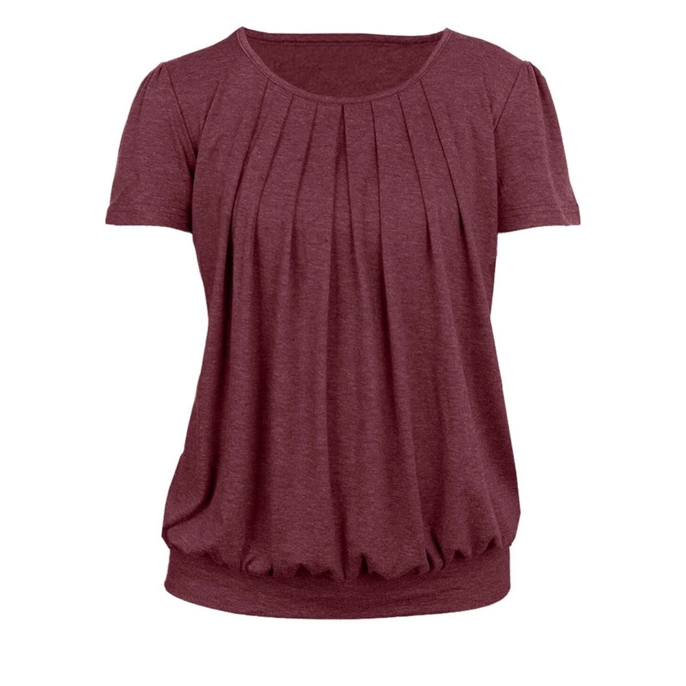 VAHRUTA Pleated Tunic Top Women 2XL Burgundy Short Sleeve Banded Hem Blouse